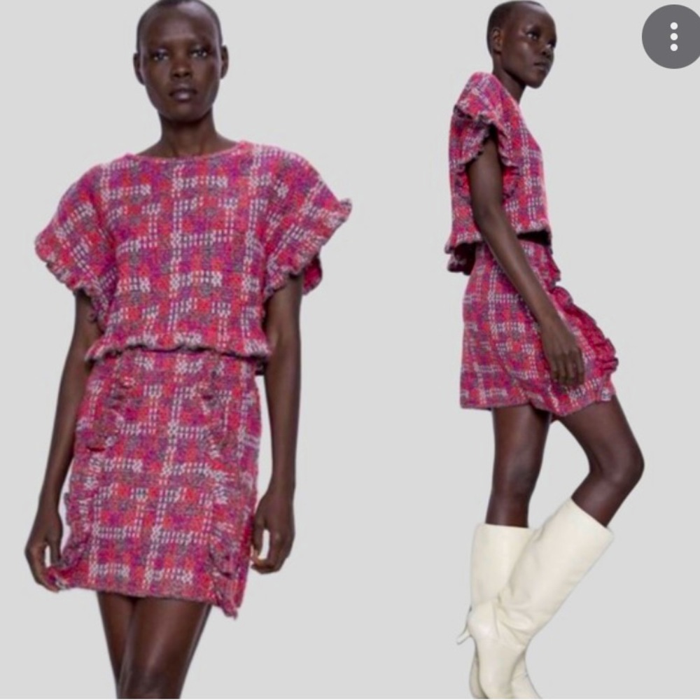 Metallic Plaid Textured Ruffle Tweed